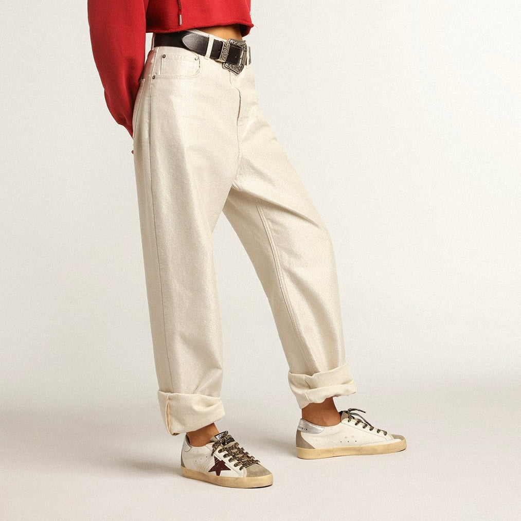 Golden Goose Super-Star with burgundy glitter star and silver heel tab(Women's)