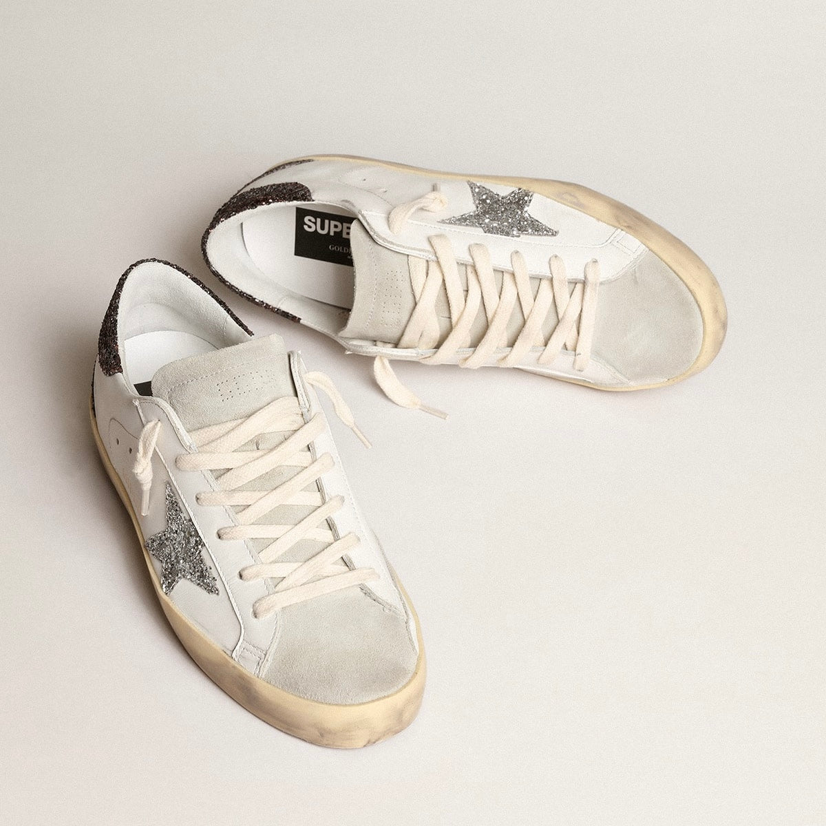 Golden Goose Super-Star with silver star and brown glitter heel tab(Women's)
