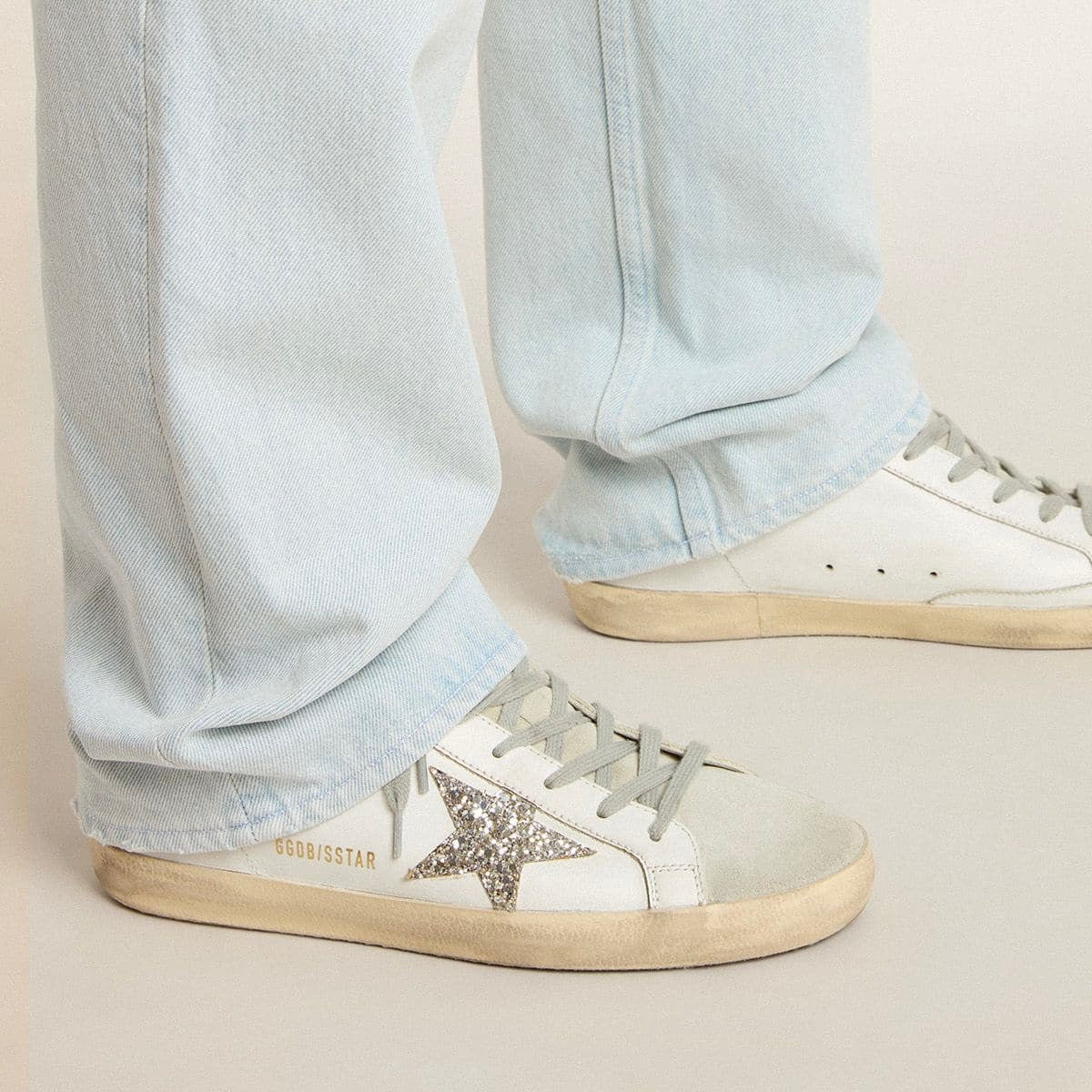 Golden Goose Super-Star Sabot with a platinum glitter star and suede tongue(Women's)