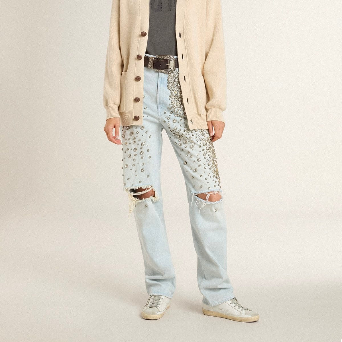 Golden Goose Super-Star Sabot with a platinum glitter star and suede tongue(Women's)