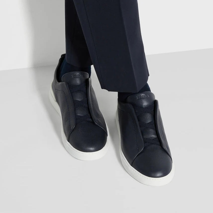 ZEGNA NAVY BLUE DEERSKIN TRIPLE STITCH™ SNEAKERS